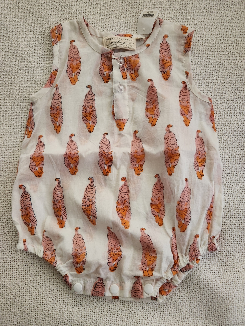 Eight Thousand Miles Tiger Print Baby Romper in White and Orange